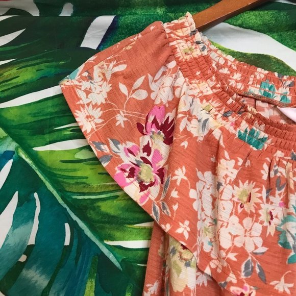 NWT $36 LC Lauren Conrad Women's PS Orange Floral Summer Flutter Sleeve Top - Picture 2 of 5